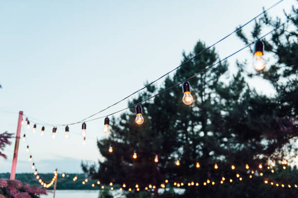 istock Light bulb decor in outdoor party, Wedding party 1159466149