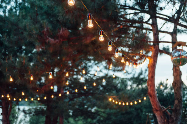 световичный декор на вечеринке под открытым небом, свадебная вечеринка - party lights стоковые фото и изображения