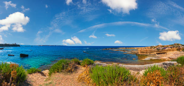 Spiaggia Massolivieri coast summer sea landscape (Siracusa, Sicily, Italy). Panorama.