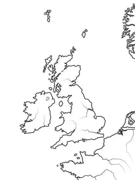 Vector illustration of Map of The ENGLISH Lands: The Great Britain (The United Kingdom) — England, Scotland, Wales, And Ireland. British Isles, North Sea, English Channel. Geographic chart with sea coastline and islands.