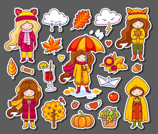 wektorowa ilustracja kolorowych symboli upadku doodle. słodkie dziewczynki, noszące płaszcze, kapelusze z uszami, szaliki, śmieszne chmury, liście, drzewo, dynia. - drink umbrella umbrella pink paper stock illustrations