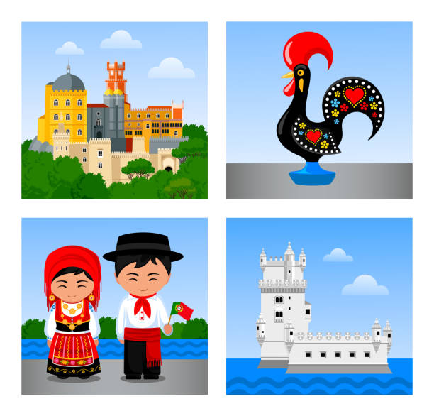 Attractions in Portugal. Set of vector flat illustrations. pena palace stock illustrations