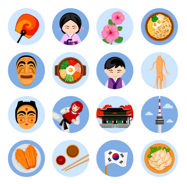 Travel to Korea. Set of vector illustrations. Korean architecture, food, costumes, traditional symbols, people. Collection of flat icons. Guide to Korea. korean icon stock illustrations