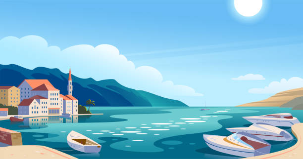 Vector flat landscape illustration of beautiful nature view: sky, mountains, water, cozy European town houses on sea coast. Vector flat landscape illustration of beautiful nature view: sky, mountains, water, cozy European town houses on sea coast. For travel banner, card, vacation touristic advertising, brochure, flayer. landscape scenery stock illustrations