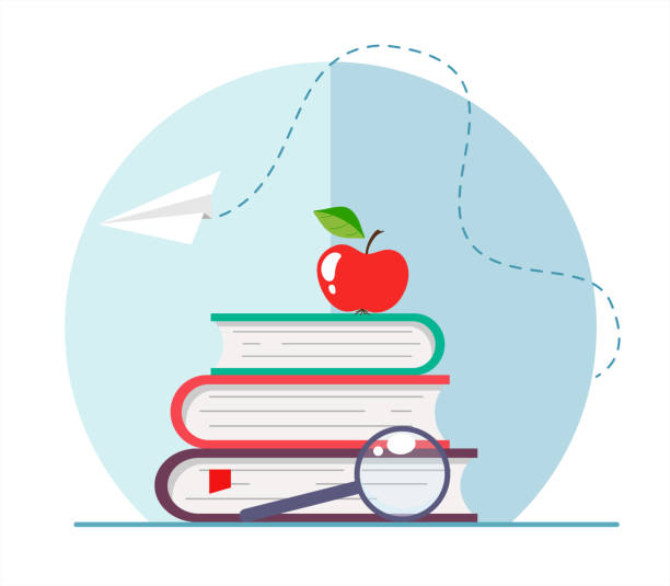 illustrazioni stock, clip art, cartoni animati e icone di tendenza di una pila di libri con una mela e una lente d'ingrandimento, un aeroplanino di carta. concetto educativo per la scuola e il web. illustrazione vettoriale su sfondo bianco. - apple stack white backgrounds