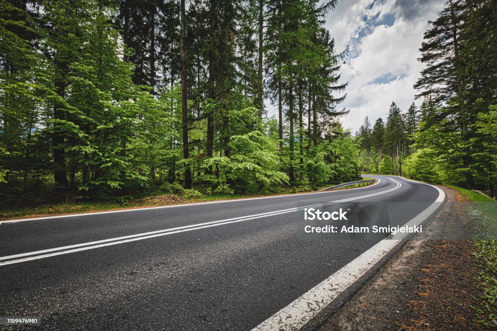 panoramic mountain road (HDRi) winding road in a green forest in the Karkonosze (Krkonoše) Mountains (Giant Mountains) Road Stock Photo