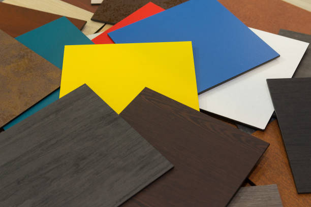 Multi-colored samples of composite materials for the ventilated facades in showroom. Construction stock photo