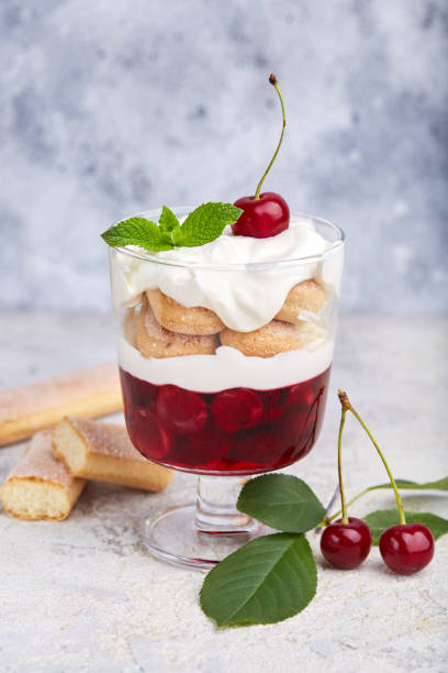 Layered dessert in glass with cherries, jelly, yogurt and ladyfinger biscuits Delicious layered dessert in glass with cherries, jelly, yogurt and ladyfinger biscuits, decorated with mint leaf. yogurt fruit biscotti berry fruit stock pictures, royalty-free photos & images
