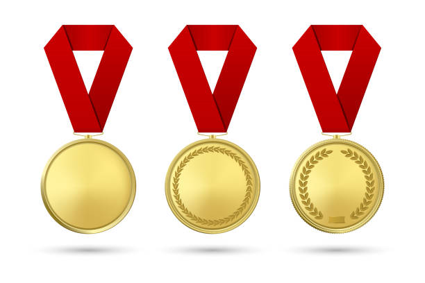 istock Vector 3d Realistic Gold Award Medal Icon Set with Color Ribbons Closeup Isolated on White Background. The First Place, Prizes. Sport Tournament, Victory or Winner Concept 1159479379