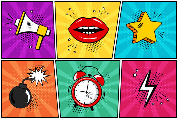 красочный набор комических значок в стиле поп-арта. мегафон, губы, звезда, бомба, будильник, молния. вектор - fun time stock illustrations