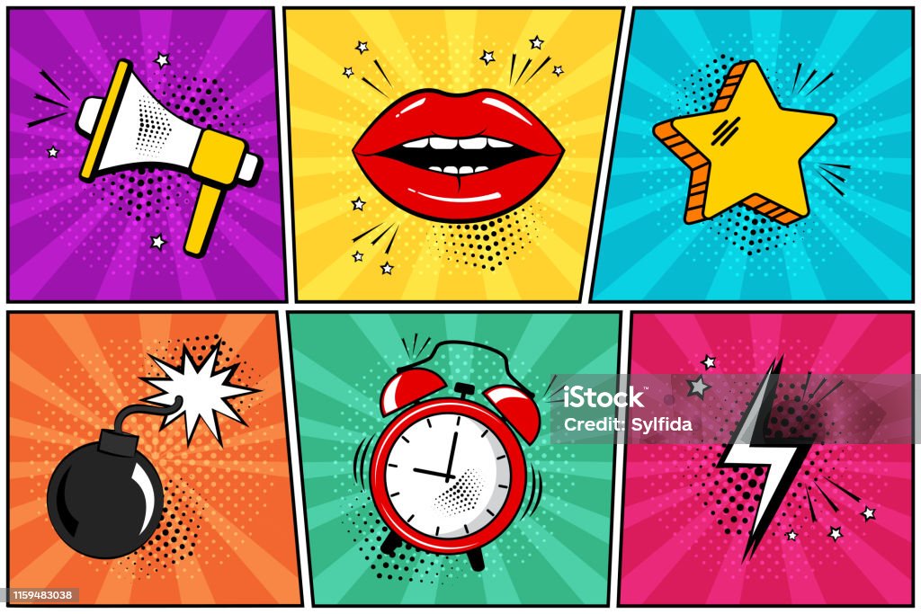 Färgglad uppsättning av komiska ikon i popkonst stil. MegaFon, läppar, stjärna, bomb, väckar klocka, blixt nedslag. Vektor - Royaltyfri Serietidning vektorgrafik
