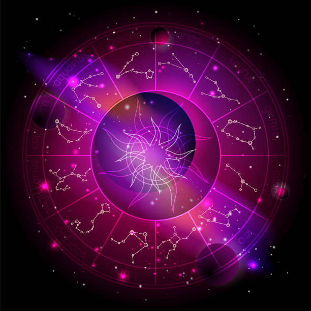 istock Vector illustration of Horoscope circle with Zodiac constellations against the space background. 1159487459