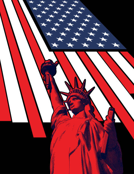 istock Engraving liberty illustration with USA flag on black BG 1159487483