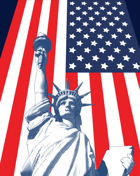 istock Engraving liberty illustration with USA flag BG 1159488443