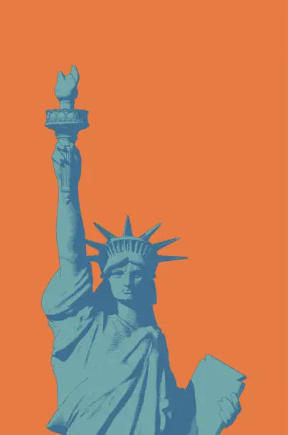 Vector illustration of Engraving liberty illustration on orange BG pop art style