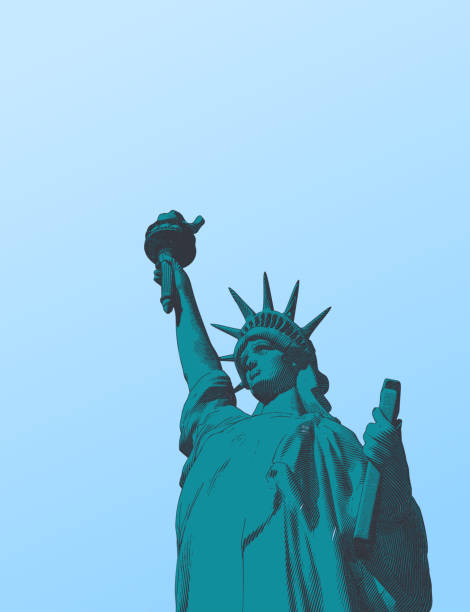 istock Green engraving liberty illustration isolated on blue sky BG 1159488845