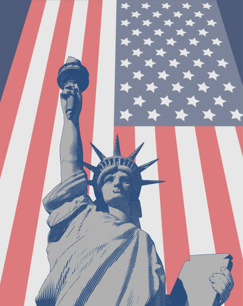 istock Engraving liberty illustration with USA flag BG 1159489598