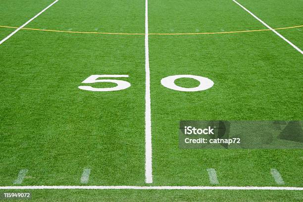 American Football Field Fifty Yard Line Number 50 Stock Photo - Download Image Now - American Football Field, Above, American Football - Sport