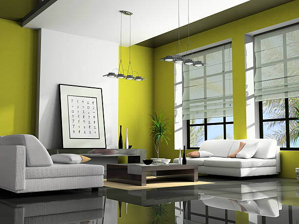 ホームインテリア、ソファー 3 d 完成予想図 - vehicle interior green sofa indoors ストックフォトと画像