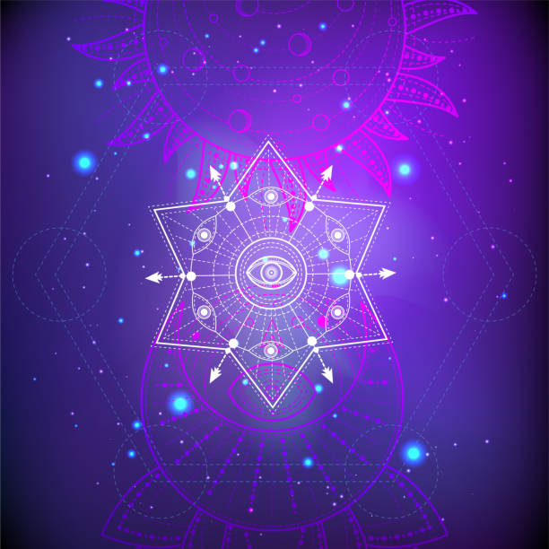 istock Vector illustration of Sacred or mystic symbol on abstract background. Geometric sign drawn in lines. Purple and pink color. 1159495524