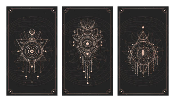 Vector set of three dark backgrounds with geometric symbols, grunge textures and frames. Abstract geometric symbols and sacred mystic signs drawn in lines. Vector set of three dark backgrounds with geometric symbols, grunge textures and frames. Abstract geometric symbols and sacred mystic signs drawn in lines. Illustration in black and gold colors. For you design and magic craft. alchemy symbols stock illustrations