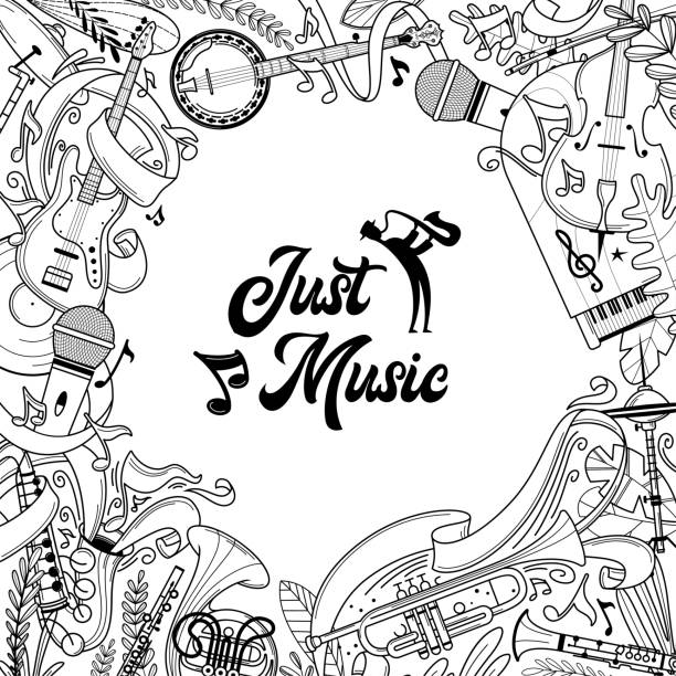 Musical instruments store social media banner template Musical instruments store social media banner template. Electric and acoustic outline instruments vector square frame. Piano, banjo, trumpet illustration with copyspace. Country music festival black and white party stock illustrations