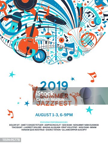 istock Summer jazz festival announcement poster flat template 1159495778
