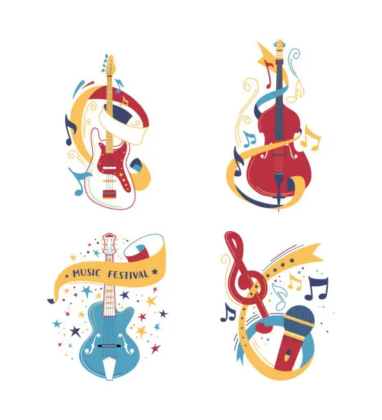 Vector illustration of String and bowed musical instruments illustrations set