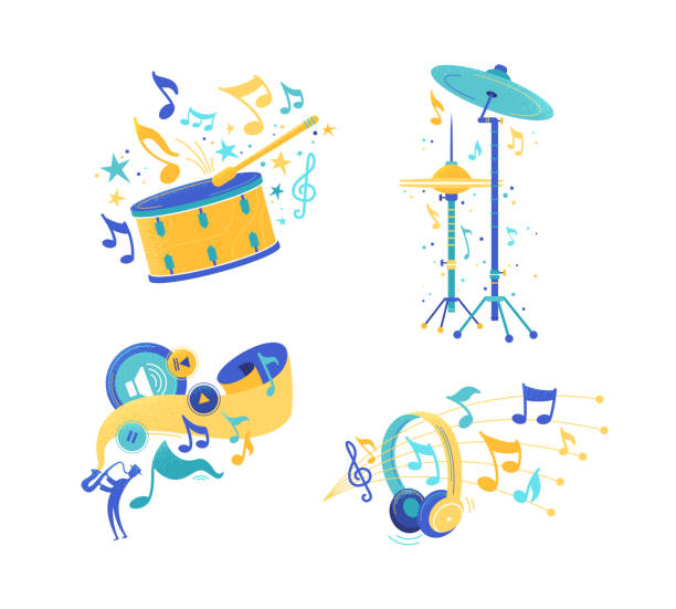музыкальные инструменты и аудио прослушивания иллюстраций набор - cymbal drumstick music percussion instrument stock illustrations