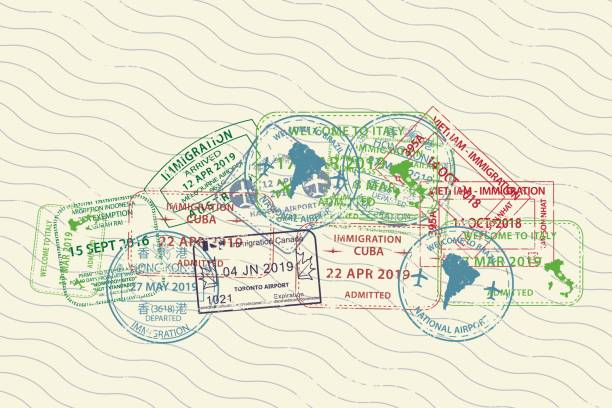 자동차의 형태로 다른 비자 여권 스탬프 - emigration and immigration global communications passport australia stock illustrations