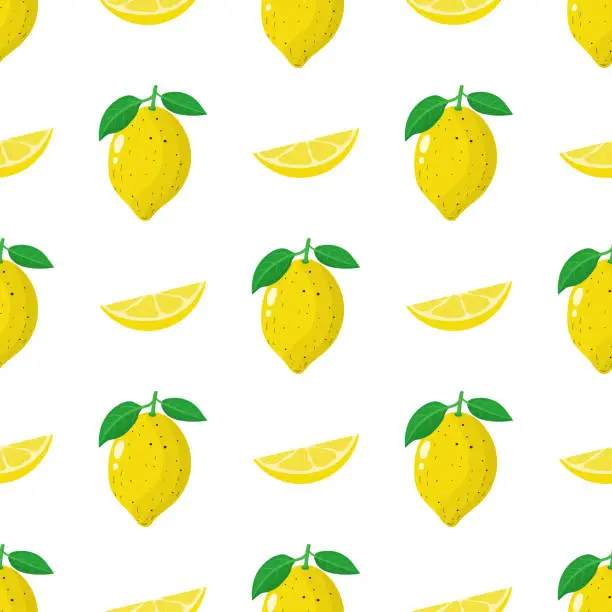 Vector illustration of Seamless pattern with fresh whole, slice lemon fruit on white background. Vector illustration for design, web, wrapping paper, fabric, wallpaper.