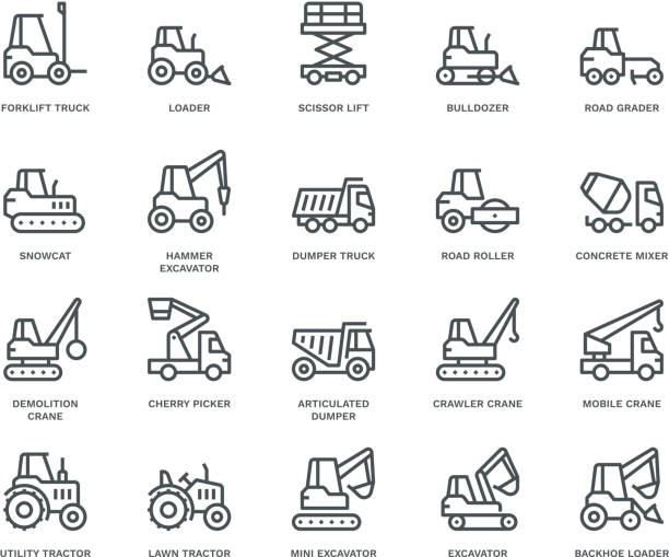 Industrial Vechicles Icons,  Monoline concept The icons were created on a 48x48 pixel aligned, perfect grid providing a clean and crisp appearance. Adjustable stroke weight. mobile crane stock illustrations