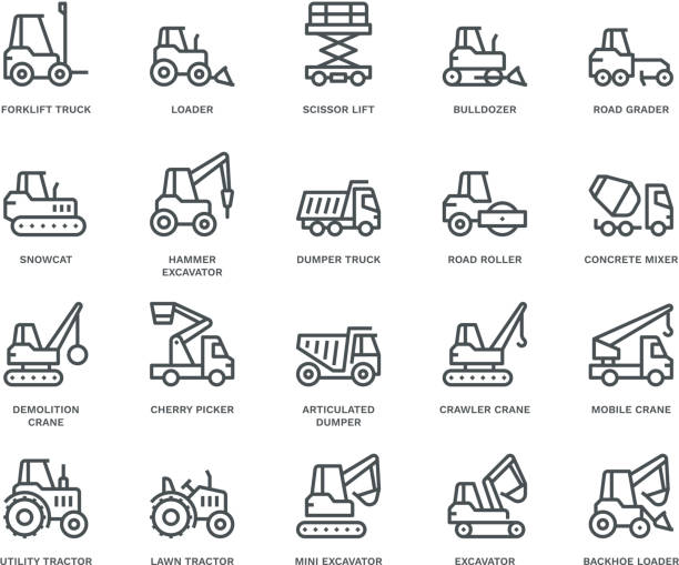 Industrial Vechicles Icons,  Monoline concept The icons were created on a 48x48 pixel aligned, perfect grid providing a clean and crisp appearance. Adjustable stroke weight. crane construction machinery stock illustrations