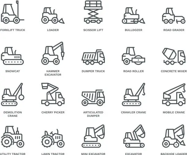 Vector illustration of Industrial Vechicles Icons,  Monoline concept