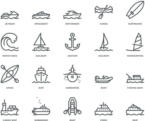 water transport icons, monoline-konzept - wasserfahrzeug stock-grafiken, -clipart, -cartoons und -symbole