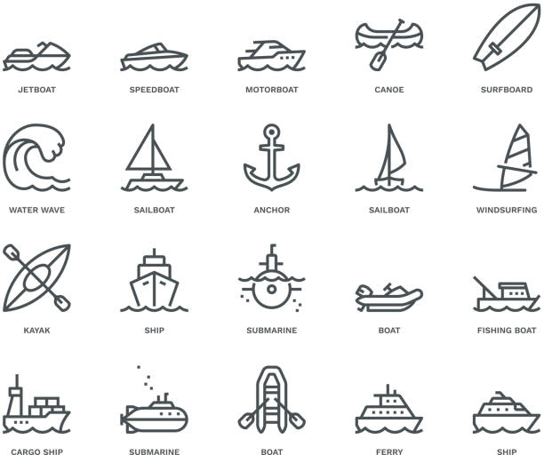 ilustraciones, imágenes clip art, dibujos animados e iconos de stock de iconos de transporte de agua, concepto monolínea - skiff nautical vessel fishing sea