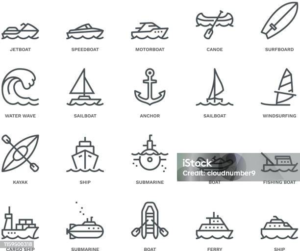 Vatten Transport Ikoner Monoline Koncept-vektorgrafik och fler bilder på Ikon - Ikon, Båtar och fartyg, Skepp