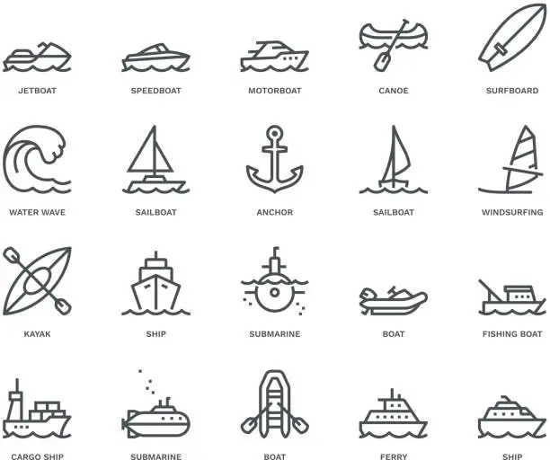 Vector illustration of Water Transport Icons,  Monoline concept