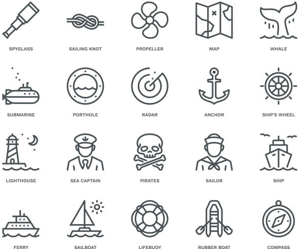 illustrazioni stock, clip art, cartoni animati e icone di tendenza di icone nautiche, concetto monoline - cruise ship interface icons vector symbol