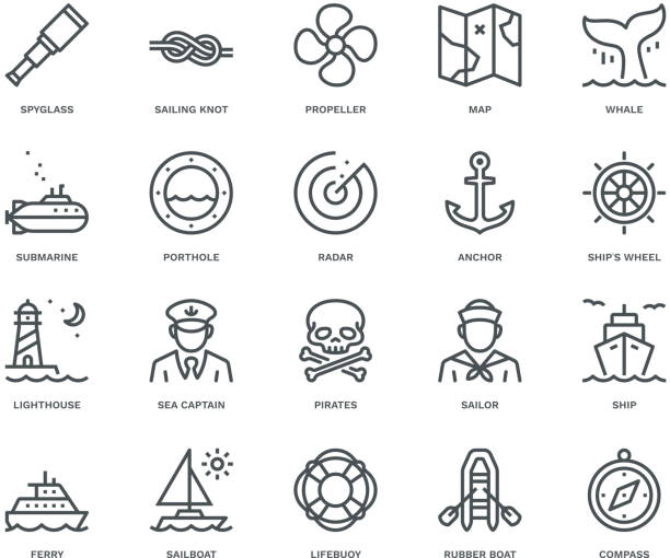 Nautical Icons,  Monoline concept The icons were created on a 48x48 pixel aligned, perfect grid providing a clean and crisp appearance. Adjustable stroke weight. passenger ship stock illustrations