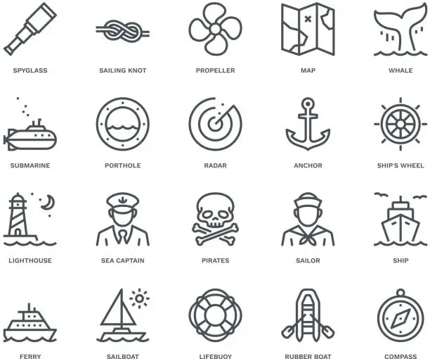 Vector illustration of Nautical Icons,  Monoline concept