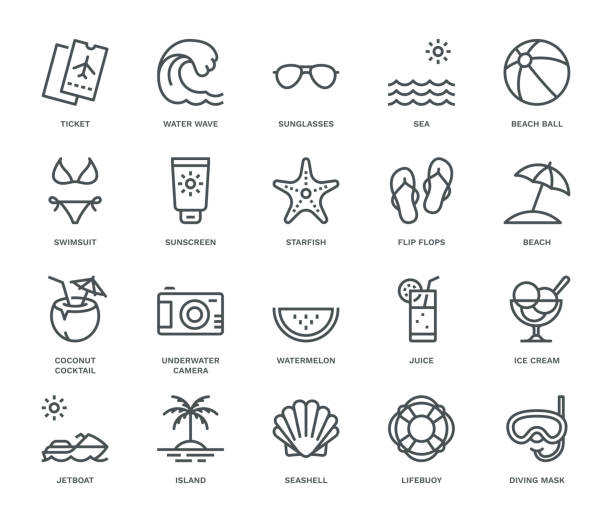 ilustrações, clipart, desenhos animados e ícones de ícones do verão e dos feriados, conceito de monoline - boia equipamento de desporto aquático
