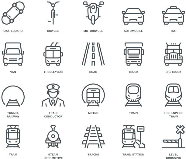 land transport icons, gegen-/frontansicht, monoline-konzept - trolleybus stock-grafiken, -clipart, -cartoons und -symbole