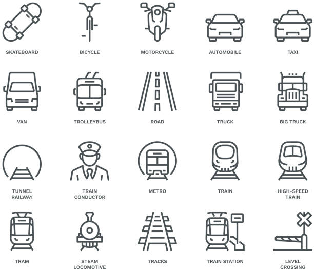 ilustraciones, imágenes clip art, dibujos animados e iconos de stock de iconos de transporte terrestre, vista de entrada/frontal, concepto monolínea - trolley bus