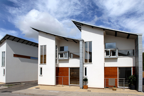 New eco-friendly housing in Manchester, England, on a bright Spring day.