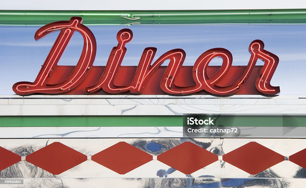 Diner Neon Sign in Red, Roadside Americana 1950's Retro Style Diner sign in red neon at a roadside restaurant, close up, retro americana in vintage style, USA. Diner Stock Photo