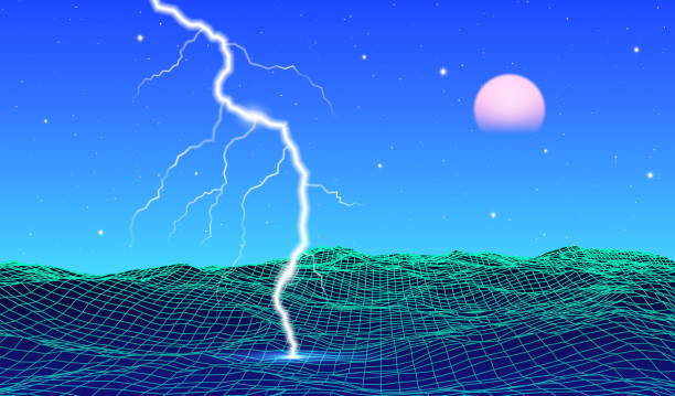 ilustrações de stock, clip art, desenhos animados e ícones de retro 80s styled futuristic landscape with neon sun or moon and lightning in digital space with shiny grid - backgrounds light wave pattern waving