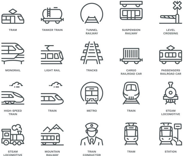 ilustraciones, imágenes clip art, dibujos animados e iconos de stock de iconos de transporte ferroviario, concepto monolínea - estación de tren