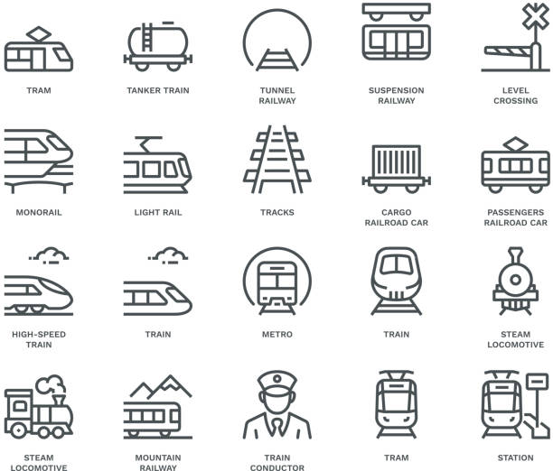 ilustrações de stock, clip art, desenhos animados e ícones de rail transport icons,  monoline concept - train line