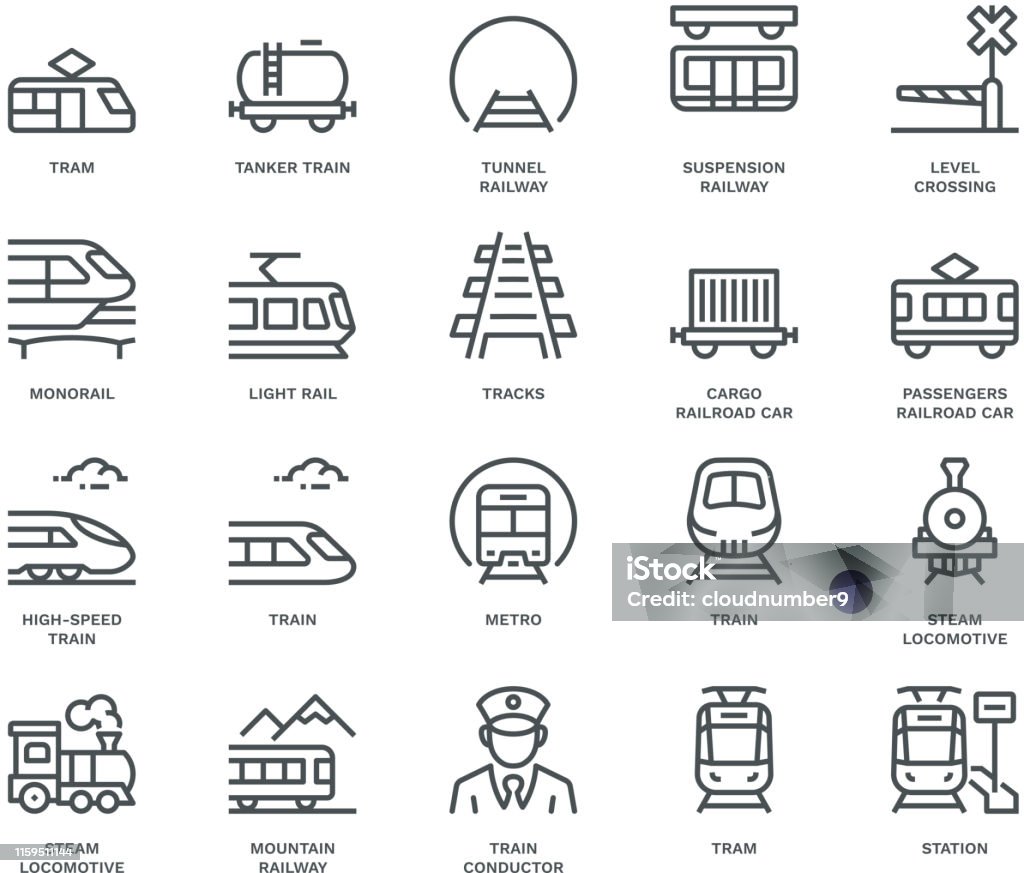 Rail transport Icons,  Monoline concept The icons were created on a 48x48 pixel aligned, perfect grid providing a clean and crisp appearance. Adjustable stroke weight. Icon stock vector